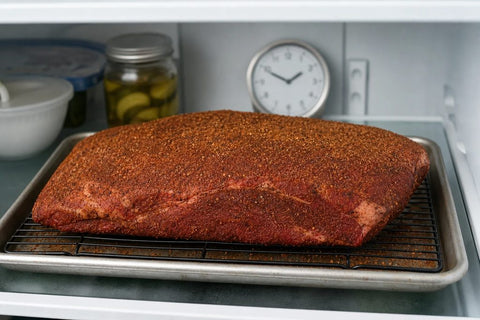 Raw spice-rubbed beef brisket on a wire rack in a metal roasting tray.